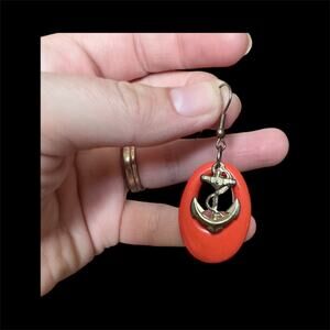 Women’s Vintage Costume Jewelry Nautical Design Orange Enamel W Anchors